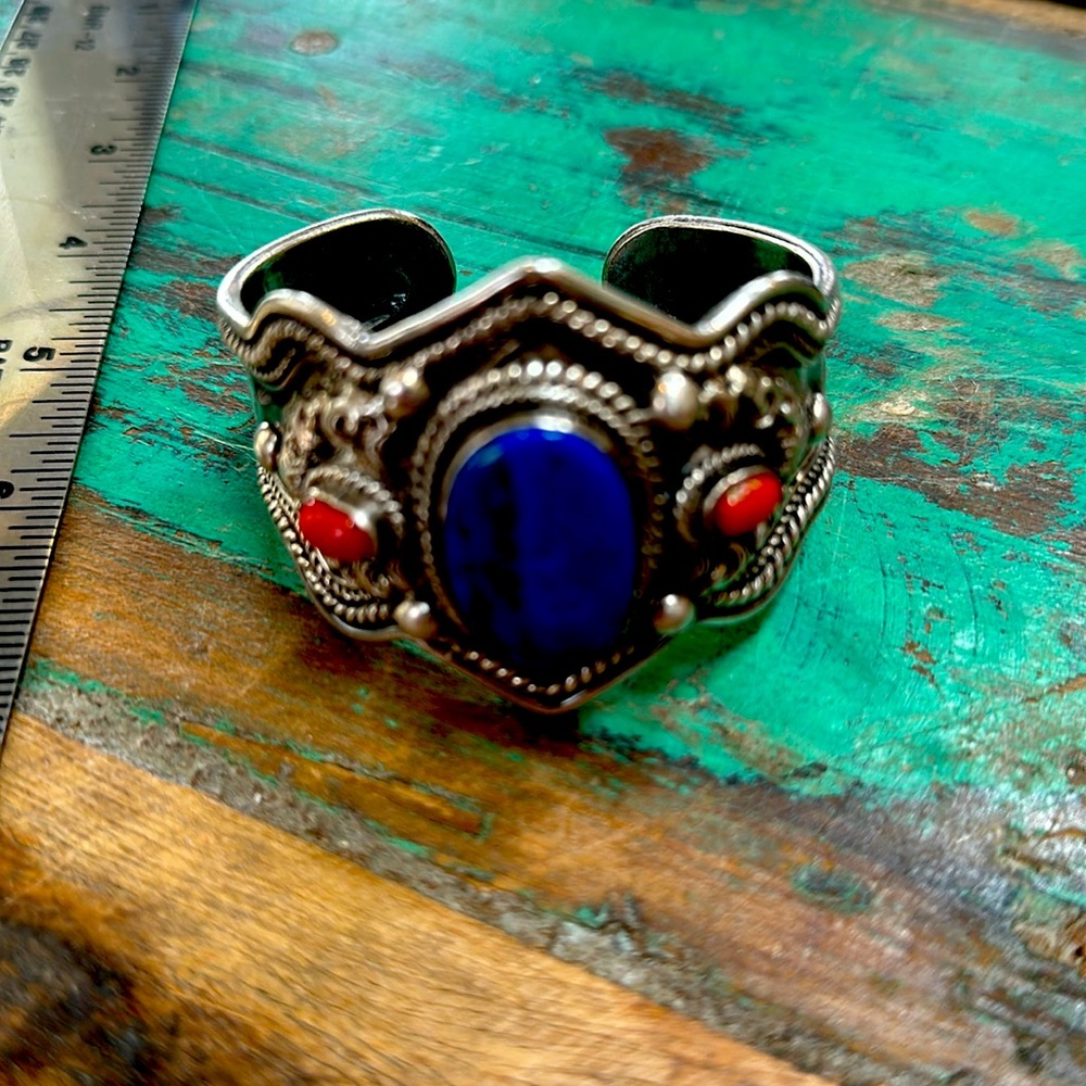 Wide Sterling cuff with large lapis lazuli and coral stones